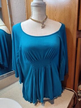 Teal Scoop-Neck Smocked-Waist Tunic